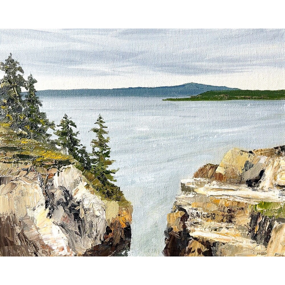 8x10 Maine Original Oil Landscape Canvas Painting Acadia Rocks Ocean Art Signed